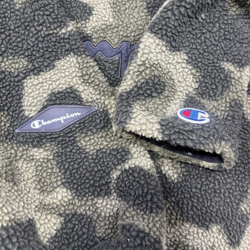 Champion Hoodie Camo Pullover Sherpa Sweatshirt Unisex Medium Long Sleeve Green - Picture 4 of 11